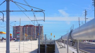 New three-car light rail for vehicle LRV along Eglinton Avenue program. New Eglinton Crosstown LRT capacity of almost 500 people. Under construction: Toronto, Ontario, Canada - January 21, 2023.