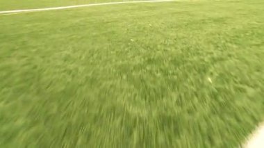 Spor oyunları çim manzaralı. Yeşil çimen, beyaz boya çizgileri ve işaretleri olan bir futbol sahası. Güzel yeşil bir çevresi olan futbol ve futbol. Eğlence amaçlı etkinlik alanı.