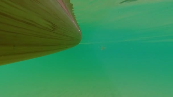 ボート用インフレータブルボードSupの水中ダイバーからの眺め ウォータースポーツ活動や旅行水観光 静かなターコイズブルーの湖でサーフィンの探検で観光パドル — ストック動画
