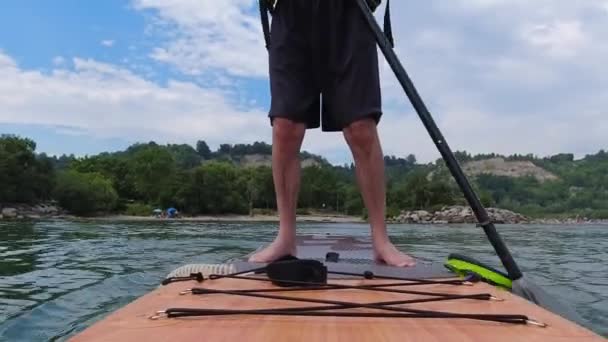 Man Standing Sup Paddling Stand Paddling Surfboard Fitness Sport Popular — стоковое видео