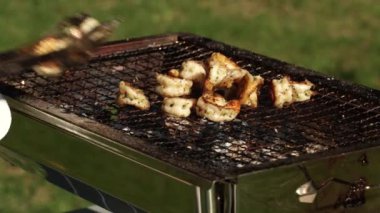 Barbekü ızgarasından alınmış karides. Izgara taze karides, ateşte ızgara deniz yiyeceği gerçek odunlardan alev almış. Parkta yaz kampı yemekleri ve eğlence..