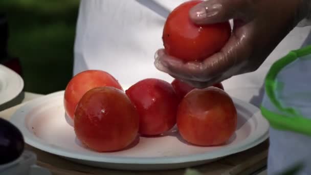 Mulher Chef Branco Tempero Curto Churrasco Tomates Legumes Para Fritar — Vídeo de Stock