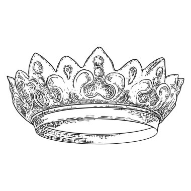 Kral ve kraliçe için taç başlığı. Kraliyet soylu aristokrat kraliyet mücevher tacı. Hükümdar mücevherleri kraliyetin lüks taç giyme töreninin hazine sembolü. El çizim vektörü.