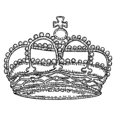 Kral ya da Kraliçe eski usul oymacılıkla taç giyer. Kral ve kraliçe için taç giyme töreni başlığı. Kraliyet soylu aristokrat kraliyet mücevher tacı. Hükümdar mücevherleri hazine sembolü. El çizim vektörü.