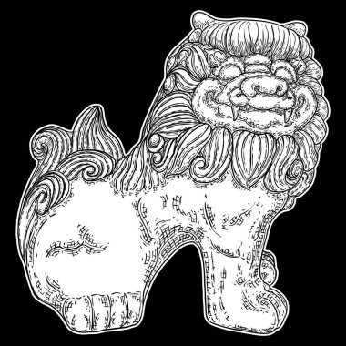 Çin İmparatorluğu Koruyucu Aslanı çizimi. Geleneksel Çin mimari heykel süsü, mermer ve granit gibi dekoratif taşlardan yapılmış veya bronz veya demirden yapılmış. Vektör.