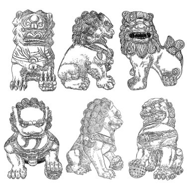 Beyaz arka planda geleneksel Çin aslanlarının çizimleri. Asyalı Asyalı Aslan Tapınağı muhafızı. Geleneksel taş heykel aslan koruyucusu. Aslanlar geleneksel olarak taştan oyulur. Vektör.
