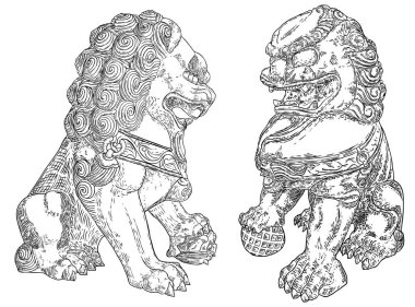 İmparatorluk Koruyucu Aslanları, batı dillerinde foo dog ya da fu dog. Şekil verilmiş Çin aslanları, taşaklı bir erkek ve yavrulu bir dişi. Binayı zararlı ruhsal etkilerden koru. Vektör. 