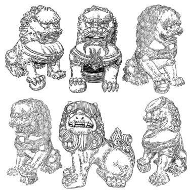 Çin İmparatorluğu aslanlarının mermerden yapılmış heykeli, Çin 'in geleneksel taş oyma heykeli, koruma ve gücün sembolü. Antika aslan oymacılığı. Girişlerde sembolik elementler var. Vektör