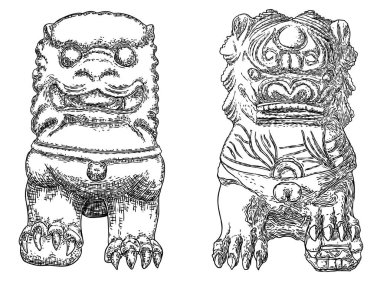 İmparatorluk Koruyucu Aslanları, batı dillerinde foo dog ya da fu dog. Şekil verilmiş Çin aslanları, taşaklı bir erkek ve yavrulu bir dişi. Binayı zararlı ruhsal etkilerden koru. Vektör. 