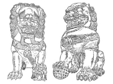 İmparatorluk Koruyucu Aslanları, batı dillerinde foo dog ya da fu dog. Şekil verilmiş Çin aslanları, taşaklı bir erkek ve yavrulu bir dişi. Binayı zararlı ruhsal etkilerden koru. Vektör. 