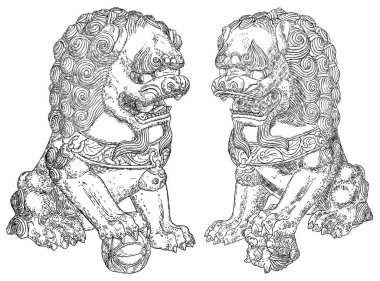 İmparatorluk Koruyucu Aslanları, batı dillerinde foo dog ya da fu dog. Şekil verilmiş Çin aslanları, taşaklı bir erkek ve yavrulu bir dişi. Binayı zararlı ruhsal etkilerden koru. Vektör. 