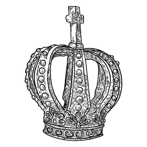 国王和王后的皇冠头饰 皇家贵族王权珠宝王冠 王冠珠宝王冠奢华加冕宝物的象征 手绘矢量 — 图库矢量图片