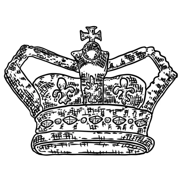 ヴィンテージエッチングスタイルで王または女王王冠 王と女王の戴冠式の場所だ 王室貴族の君主制の宝石の王冠 モナーク宝石の宝のシンボル 手描きベクトル — ストックベクタ