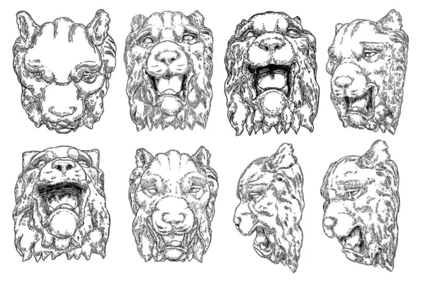 Conjunto Caras Tigre Cabezas Piedra Mármol Animales Decorativos Tigres Rugientes — Archivo Imágenes Vectoriales