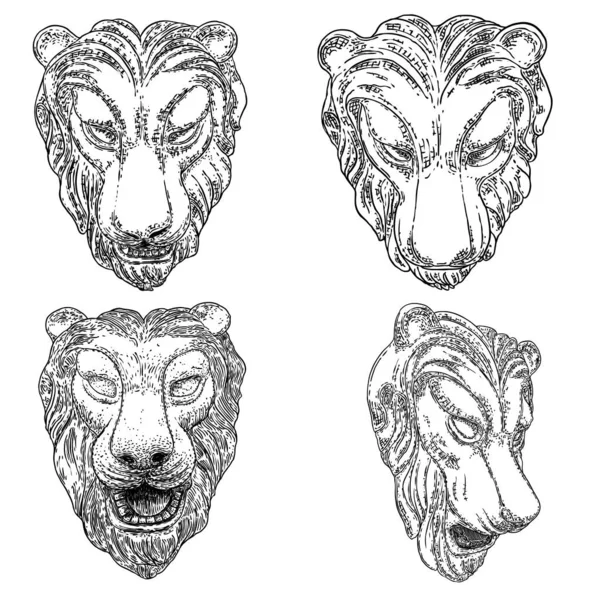 Conjunto Caras Tigre Cabezas Piedra Mármol Animales Decorativos Tigres Rugientes — Vector de stock