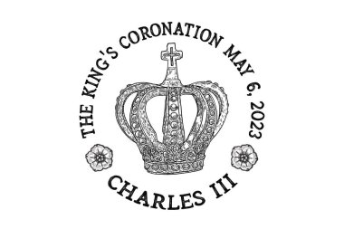 İngiltere Kralı III. Charles Taç Giyme Töreni. Galler Prensi Charles 6 Mayıs 2023 'te İngiltere Kralı olur. Crown Jewels el çizimi illüstrasyon vektörü: Toronto, Ontario, Kanada - 27 Mart 2023