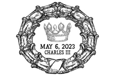 İngiltere Kralı III. Charles Taç Giyme Töreni. Galler Prensi Charles 6 Mayıs 2023 'te İngiltere Kralı olur. Kraliyet Mücevherleri el çizimi illüstrasyon vektörü. Dövme, tebrik kartı hatıraları.