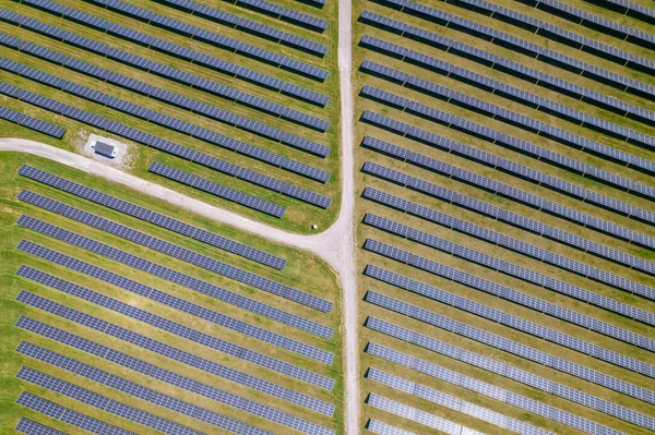Top View Aerial New Solar Farm Power Generation Technology Rows — Stock Fotó