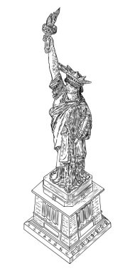 El çizim tarzında özgürlük heykeli, çizgi kuluçka vuruşu. Elle çizilmiş çizim. Amerikan ulusal sembolü, New York ve ABD'nin simgesel. Vektör.