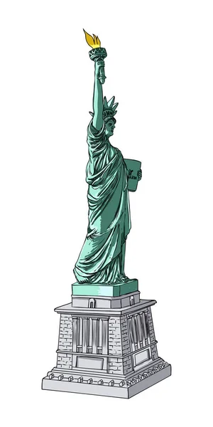 美国自由女神像的绘画 美国纽约市著名的旅游地标 海报或传单雕塑插图元素 手绘美国符号标识用于演示 — 图库矢量图片