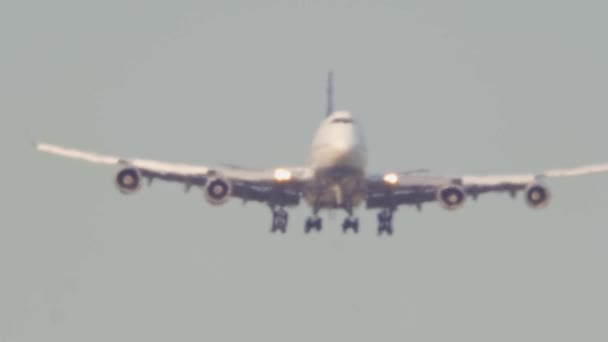喷气式飞机在头顶着陆 着陆飞机的前部底部视图 大型喷气式飞机在炎热的日子抵达国际机场 空中客车接近加拿大机场并在机场着陆 — 图库视频影像