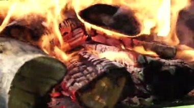 Barbekü ızgara bölümünde odun kütükleri ve kömürle yanan küçük bir yer. Gerçek odunla ızgarada ateş yanıyor. Ahşap kütüklerin üzerinde parlak bir alev var. Yaz tatili ve kamp..