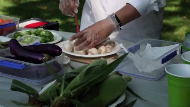 バーベキューで焼くための女性調味料食品 火グリルパンバーベキューで調理するための野菜串の準備 健康的な混合サラダのための様々なビーガンフード 夏のアウトドアライフスタイルとピクニック — ストック動画