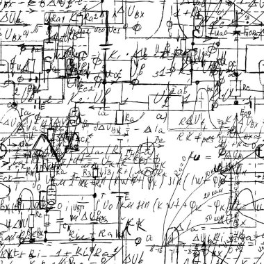 El yazısı formülleri ve elektronik bileşenleriyle bilimsel kusursuz doku. Beyaz üzerine çeşitli grafik çözümlerinin çizimi. Fizik, şematik diyagram ve cihazların devreleri. Vektör. 