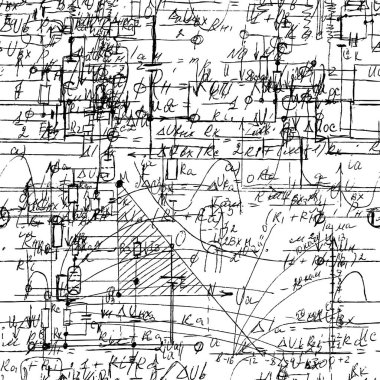 El yazısı formülleri ve elektronik bileşenleriyle bilimsel kusursuz doku. Beyaz üzerine çeşitli grafik çözümlerinin çizimi. Fizik, şematik diyagram ve cihazların devreleri. Vektör. 
