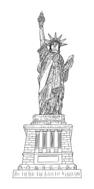 Amerikan Özgürlük Heykeli çizimi. ABD New York 'un ünlü turizm simgesi. Poster ya da el ilanları heykel illüstrasyon elemanı. Sunumlar için Amerikan sembolünün el çizimi logosu. Vektör.