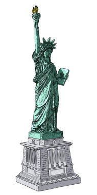 New York'un ünlü Özgürlük Heykeli çizimi. El çizim tarzı, çizgi kuluçka vuruşu. Özgürlüğün sembolü ve Amerika Birleşik Devletleri Bağımsızlık Bildirgesi. Vektör.