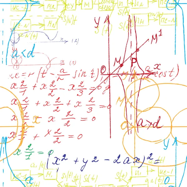 Mathematical Seamless Texture Colour Handwritten Math Algebra Geometry Formulas Graphs — Stock Vector