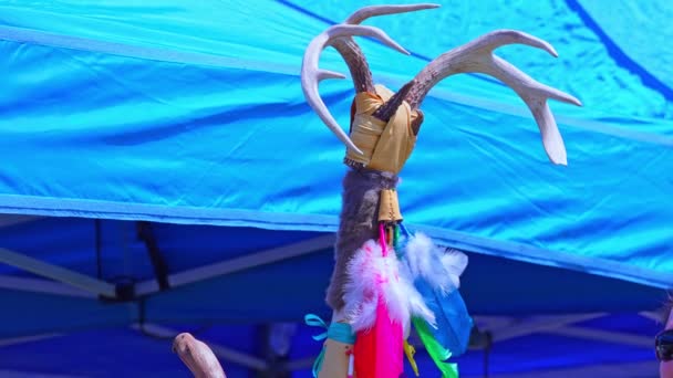先住民族の信仰と精神性を象徴する儀式には 伝統的なアメリカ先住民のダンススティックが不可欠です 第一の国の二人の霊人による第二の霊力すごい — ストック動画