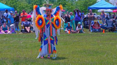 İki Ruh Toplantısı. Birinci Milletlerin İki Ruhu 'ndan. Powwow, süslü tüy dansçıları, geleneksel regalia dansları Toronto, Ontario, Kanada - 27 Mayıs 2023.