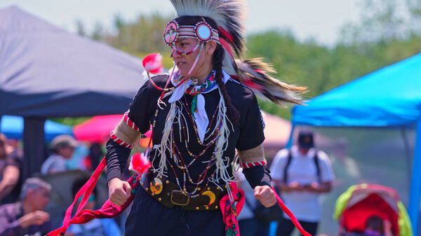Toronto's 2nd Annual 2-Spirit Powwow, hosted by 2-Spirited People of the 1st Nations. 2 Spirits Pow Wow traditional chicken dance dancing and competition: Toronto, Ontario, Canada - May 27, 2023.