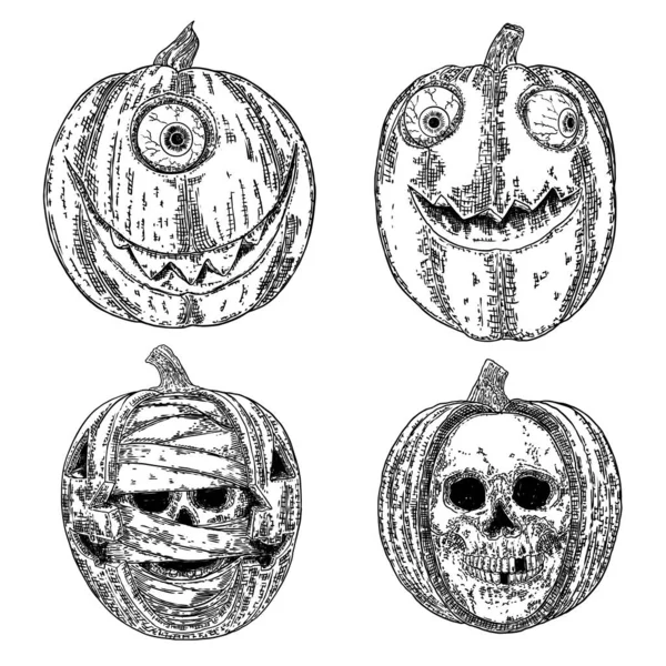 Ensemble Citrouille Maléfique Souriant Jack Lanterne Pour Halloween Jeu Dessin — Image vectorielle