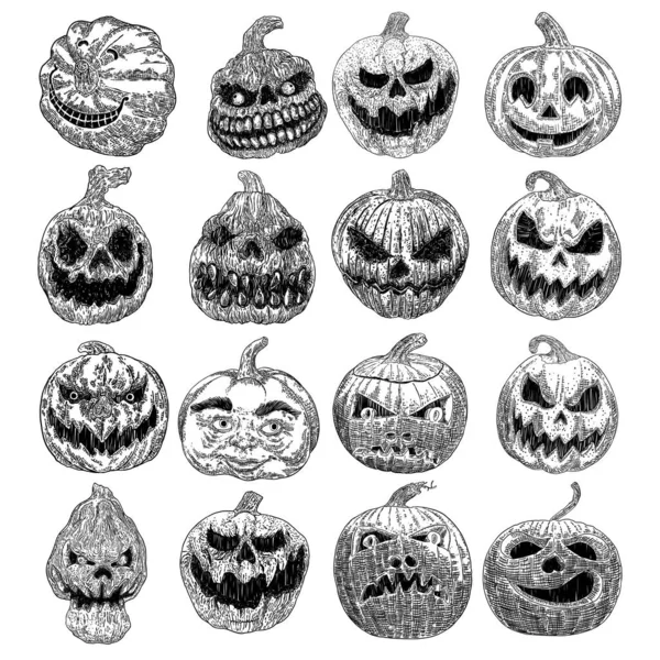 Conjunto Abóboras Malignas Sorridentes Jack Lanterna Para Halloween Mão Desenho — Vetor de Stock