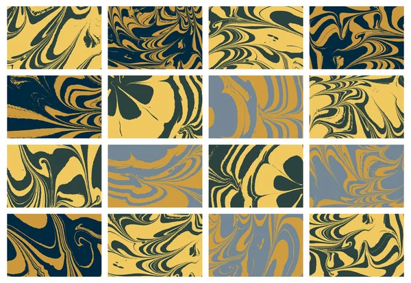 Sada Mramorového Umění Zlaté Barvě Vlnitý Luxusní Abstraktní Ebru Obraz — Stockový vektor