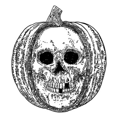 Kafatası oyulmuş balkabağı. Fener gülüşü ve siyah korkunç gözler. Cadılar Bayramı balkabağı mumları yanıyor. Korku canavarı, mevsimsel bayram kutlaması için geliyor. Ruhlar gecesi. Vektör.