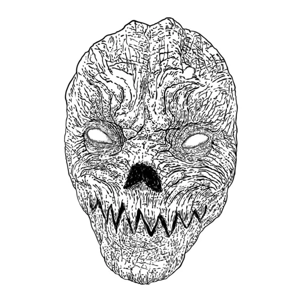 しわの鬼の顔の皮を持つ悪魔の頭部 サタンまたはルシファーの堕天使の描写 恐ろしい顔をした幻想的なモンスター獣 ベクトル — ストックベクタ