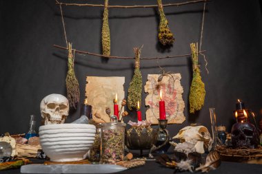 Mumlu büyü kavanozu ve kurutulmuş bitkilerle çevrili çiçek yaprakları. Bitkisel ilaç tedavisinde kullanılan bitkiler. Bitki çayı ya da büyü şişesi malzemeleri. Büyücülük Ritüeli.