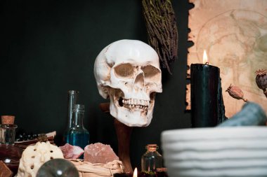 Büyülü, ezoterik ritüel aletleri ve eşyalarla çevrili bir insan kafatası. Okült büyü çalışması ve bilgi. Mistisizm doğaüstü bilim. Büyücülük ve büyücülük.. 