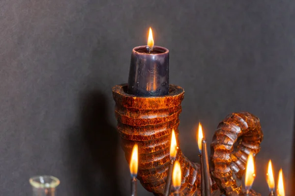 Velas Mágicas Negras Composición Brujería Herramientas Objetos Satánicos Rituales Mágicos — Foto de Stock