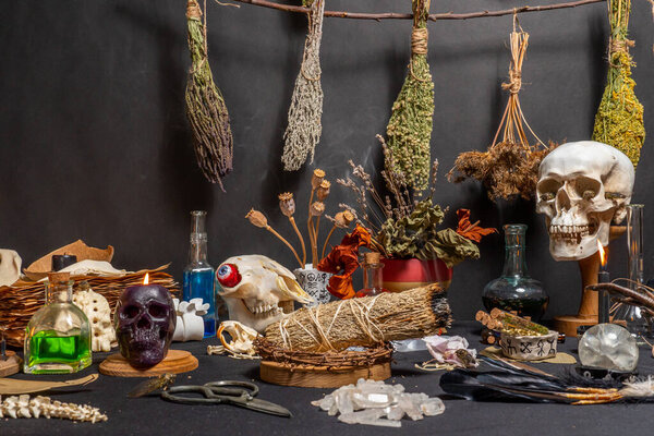 Witchcraft ritual ceremony. Alchemy and esoteric symbol items for magic cult. Spiritual occultism magic chemistry inspired by mysticism. Witch and warlock magician concept. Halloween craft.