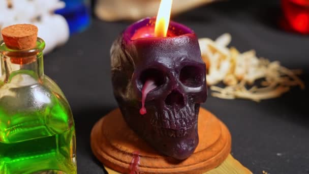 Black Magic Candles Human Skull Dark Background Selective Focus Magical — Stock Video