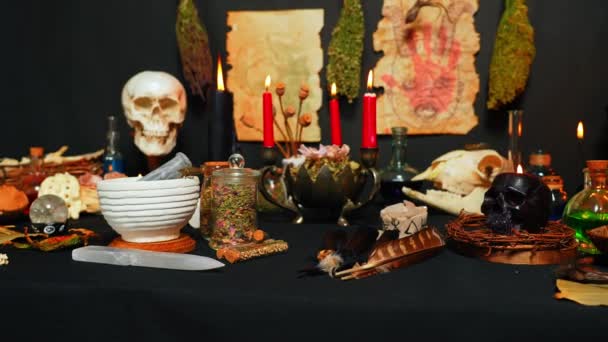 Occult Esoteric Witchcraft Still Life Front Focus Halloween Background Magic — Stock Video