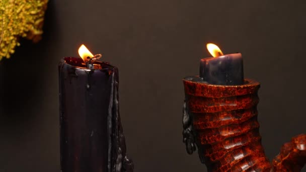 黑色魔法蜡烛的魔法组成 有选择的重点 魔法仪式撒旦的工具和物品 万圣节和神秘的黑魔法仪式都是虚构的在黑暗可怕的气氛中举行的丧礼 — 图库视频影像