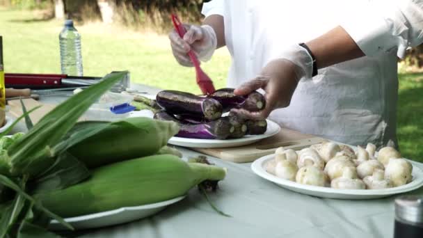 Mujer Sazonando Comida Para Asar Barbacoa Brochetas Verduras Preparación Para — Vídeos de Stock