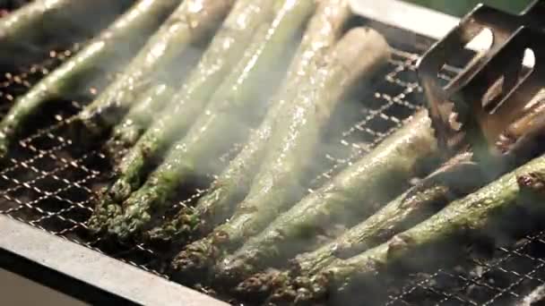 Asparagus Wood Logs Charcoal Bbq Grill Close Shot Grilled Asparagus — Stock Video
