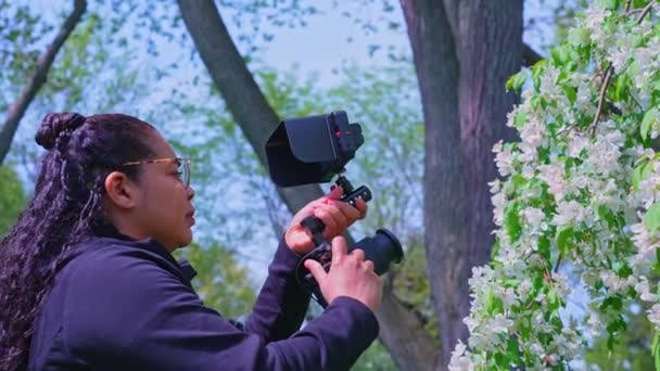 Женщина Снимает Видео Видеовышке Сделанной Камеры Камеры Большого Монитора Фильм — стоковое видео